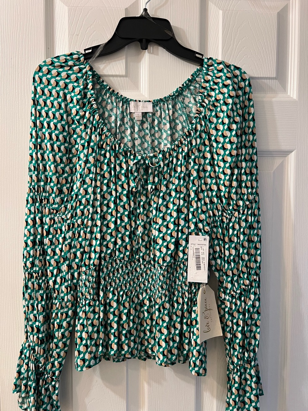 Women's Teal Geometric Peasant Blouse by CeCe